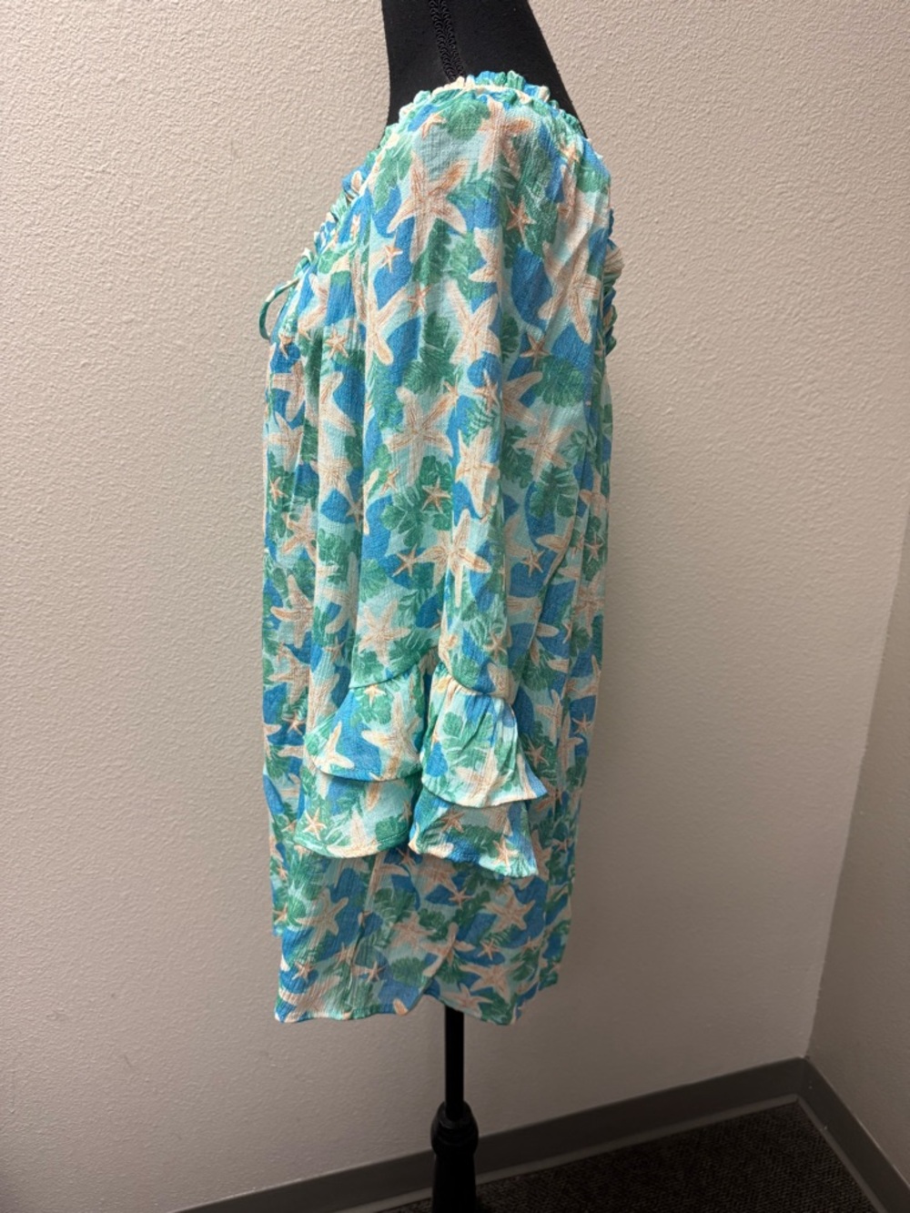 Late August Starfish Boho Peasant Top 2X Beach Coastal Ruffle Sleeve Blue - Picture 4 of 9